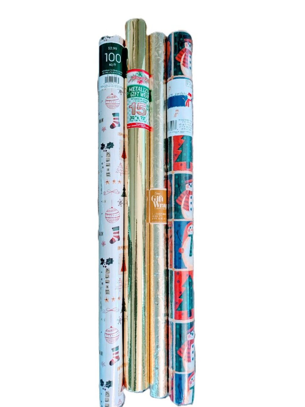 VTG Lot of 4 Rolls Christmas Wrapping Paper NOS 185 Sq Ft USA 80s Gold Snowman